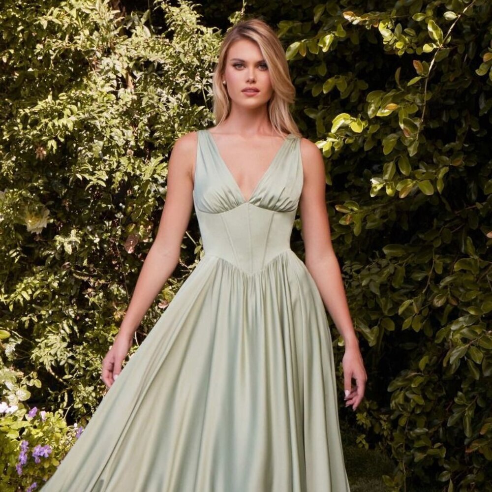 NEW FORMAL A-LINE LONG SOFT SATIN DRESS W/ BONED BODICE & V-NECKLINE CD 7447
